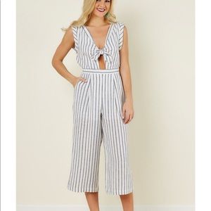 Everly midi grey striped jumpsuit with front tie